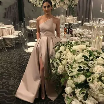 

Simple A Line Champagne Evening Dress 2020 Charming Sexy Strapless Pleat Front Split Evening Gown Custom Made