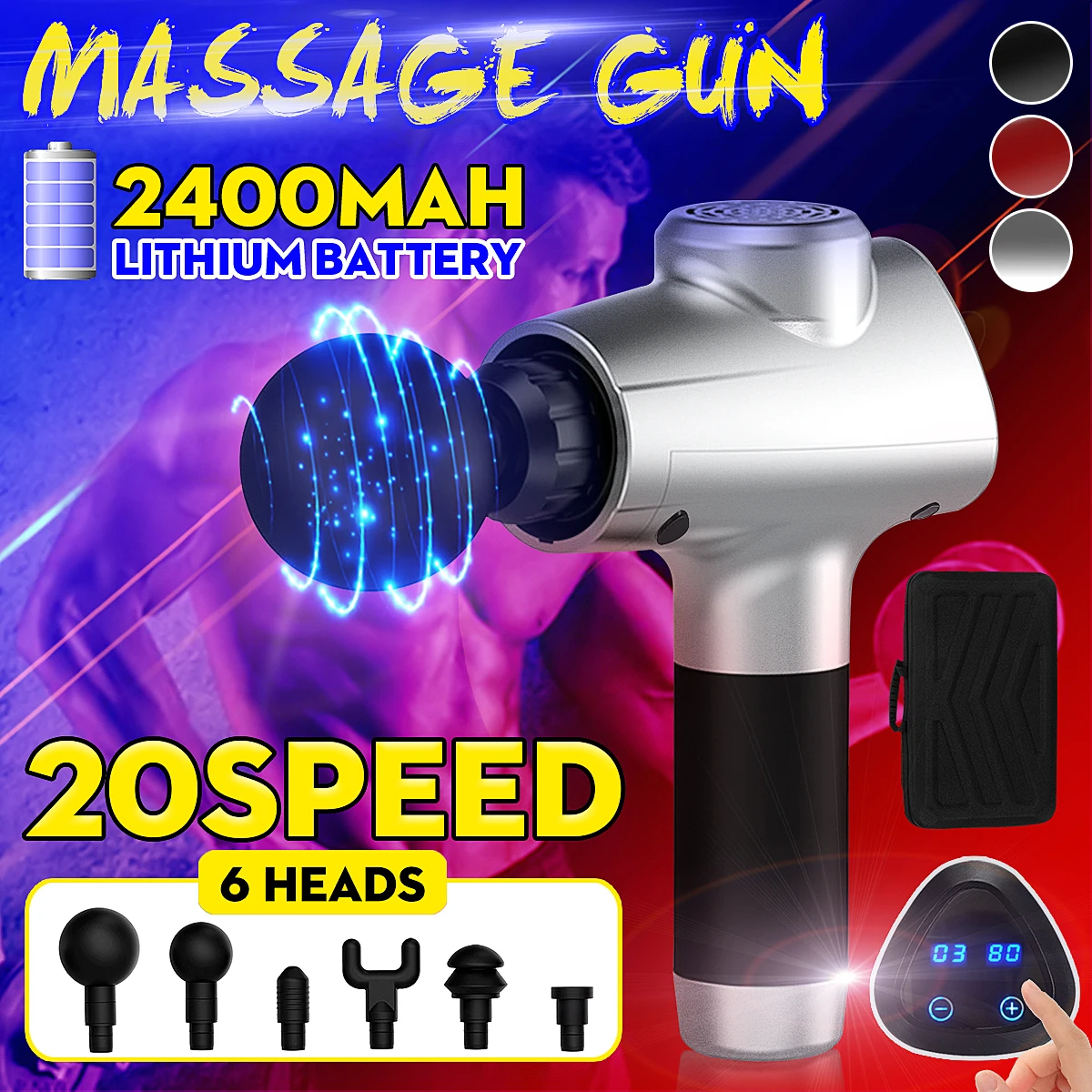 

20Files Electronic Therapy Muscle Massage Guns LCD Deep Tissue Massage Theragun Body Relaxation Pain Relief Massager+6 Heads New