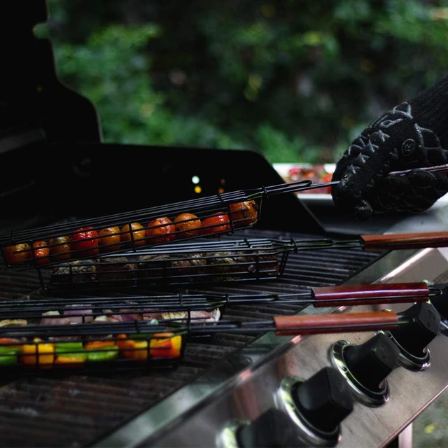 Tartós Kabob Grillező Kosár Újrafelhasználható Korróziógátló Fa Fogantyú Szerszám Grill Háló Munkatárs Számára - Image 5