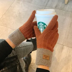Woman Winter Thicken 5 Finger Woolen Yarn Gloves Add Velvet Keep Warm Student Cycling Gloves  C343