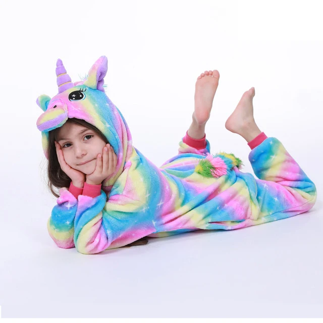 Rainbow Star Unicorn Зимние пижамы кигуруми для мальчиков и девочек; комбинезон с единорогом и аниме-животными; детская одежда для сна; фланелевый теплый комбинезон; детские пижамы - Цвет: Rainbow Star Unicorn