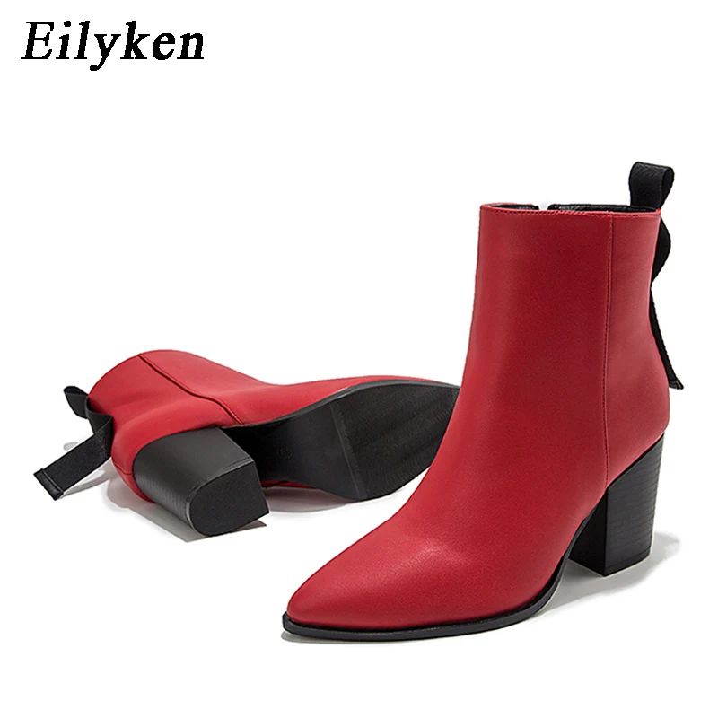 EilyKen/осенне-зимние ботильоны из мягкой кожи; женские ботинки с острым носком на толстом каблуке; модные ботинки на молнии; женская обувь; размер 43