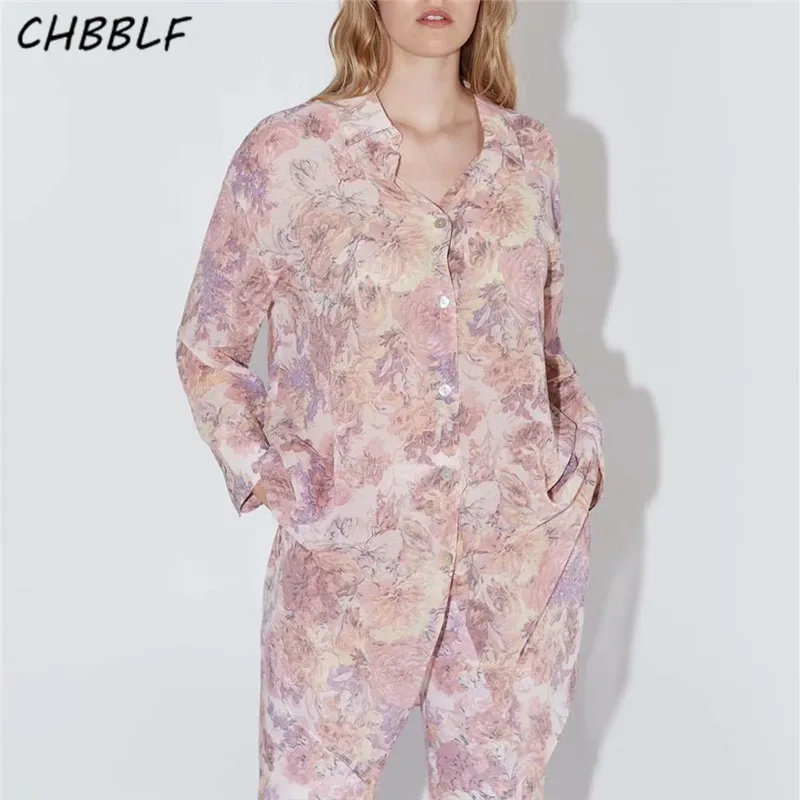 

CHBBLF women elegant print long blouse long sleeve irregular shirts female streetwear loose tops blusas XSZ2083