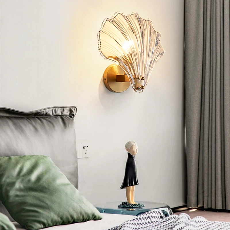 Nordic Led E14 Tv Background Wall Lamp For Aisle Corridor Bedroom Study Living Room Bedsides Shell Shape Glass Lampshade Light 6