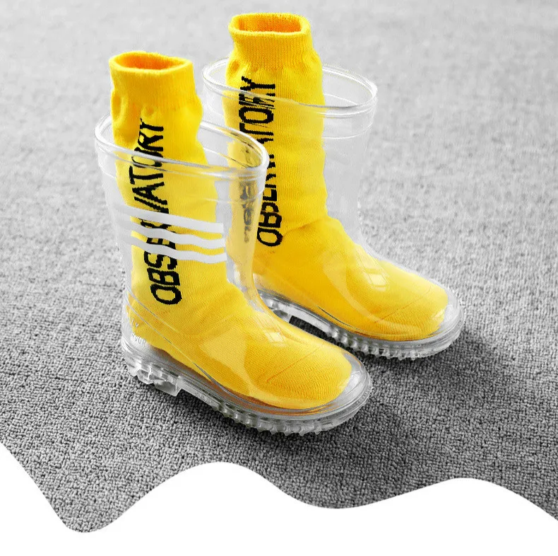 Прозрачные резиновые сапоги для мальчиков и девочек, детская водонепроницаемая обувь для дождливой погоды, студенческий ребенок, начинающий ходить детские резиновые сапоги, нескользящая Мода