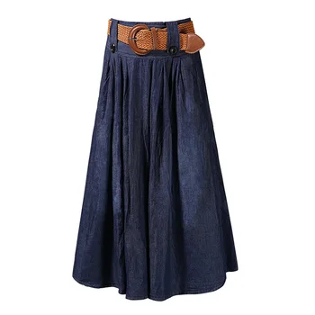 

lugentolo Denim Skirt women plus size Solid Sashes higth waist 2020 summer new fashion Ankle-Length long pleated skitrs