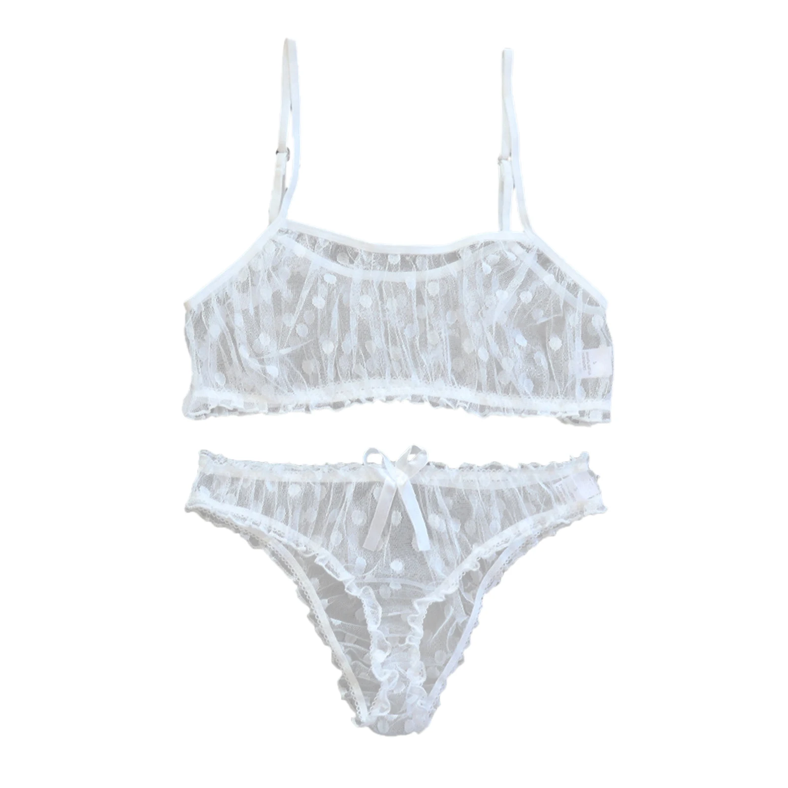 Sexy Lingerie Erotic Underwear Polka Dot Mesh Frill Trim Lace lingerie Set Top Lace Invisible Bra & Brief Set For Women_voghion.com