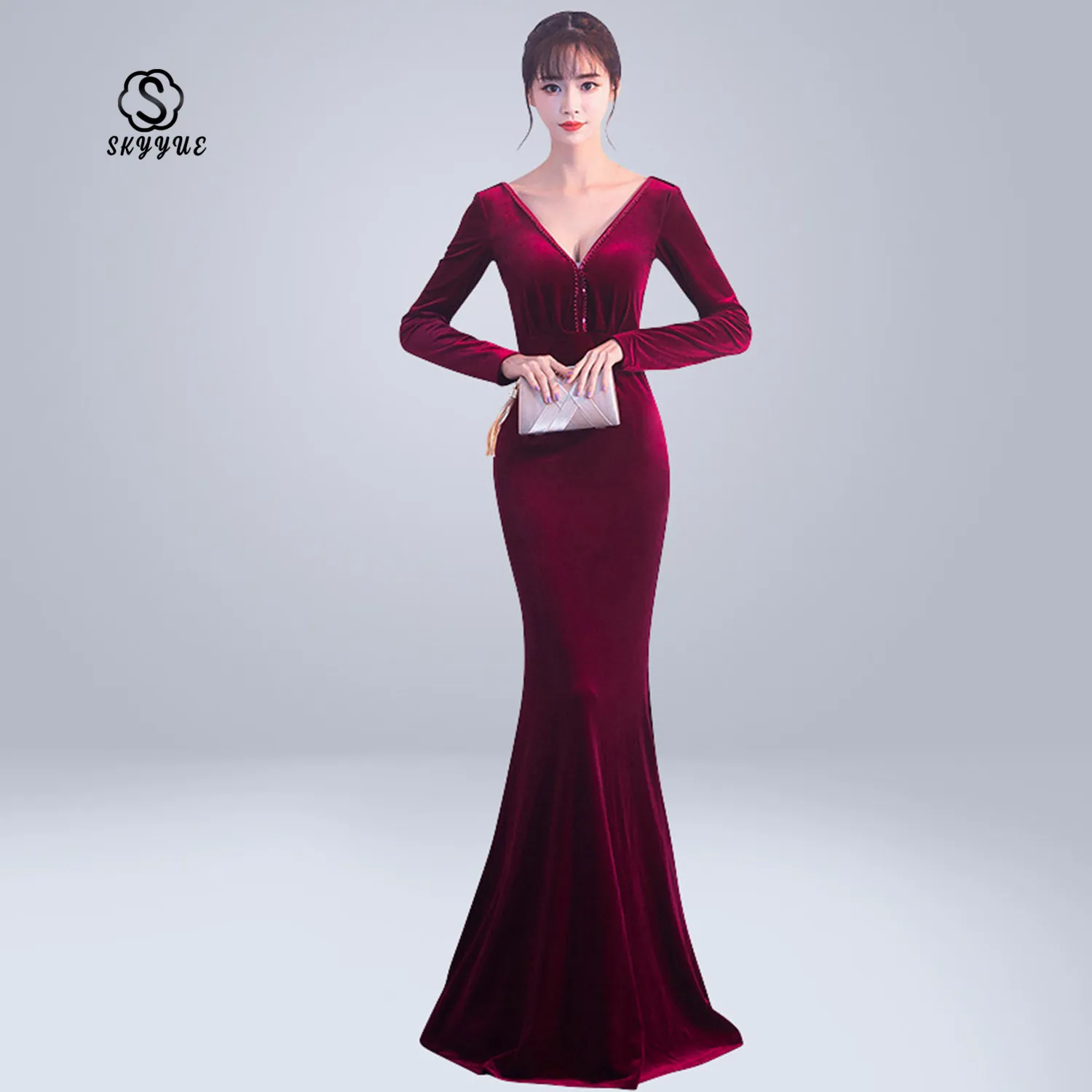 

Skyyue Evening Dress Fashion Sexy V-Neck Backless Trumpet Dresses Long Sleeve Crystal Vestidos Floor Length Formal Gowns C176