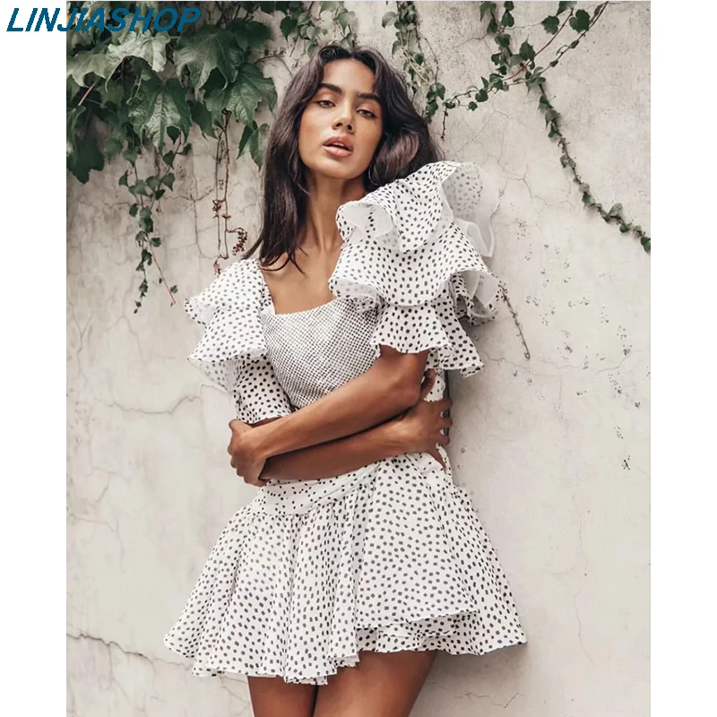 

Vintage summer dress patchwork square collar slim bust backless ruffles zipper high waist A line women's mini chiffon dress