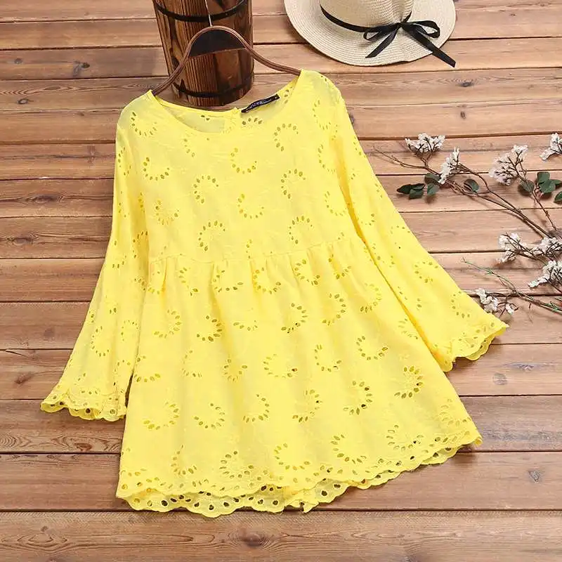 ZANZEA Плюс Размер Женская блузка с вырезом Осень 3/4 рукав сплошная кружевная юбка женская задняя кнопка вниз Blusas Femininas Топ - Цвет: Цвет: желтый