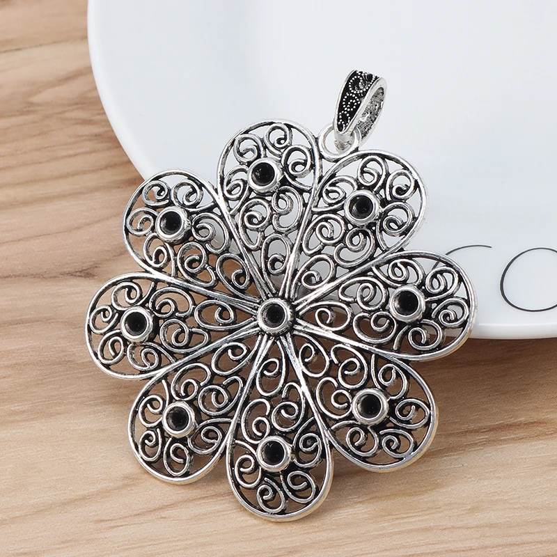 

2 Pieces Tibetan Silver Hollow Open Filigree Flower Charms Pendant for DIY Necklace Jewellery Making Finding Accessories 66x63mm
