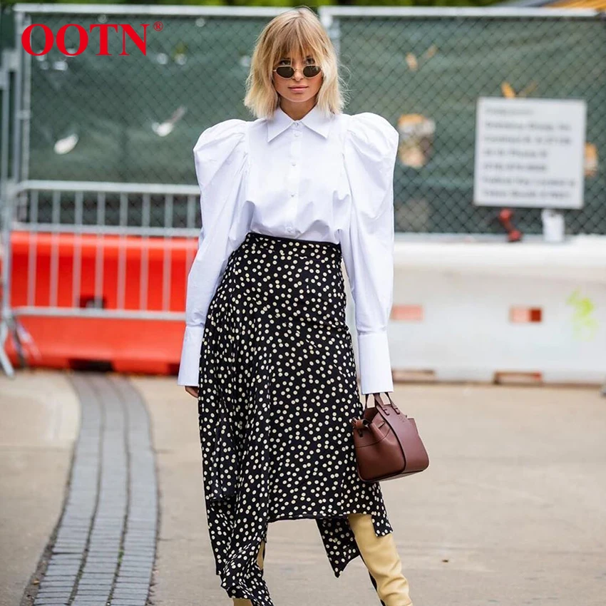 

OOTN Elegant White Puff Sleeve Blouse Women Shirts Office Lady Ladies Work Wear Turn Down Collar Womens Tops And Blouses Female