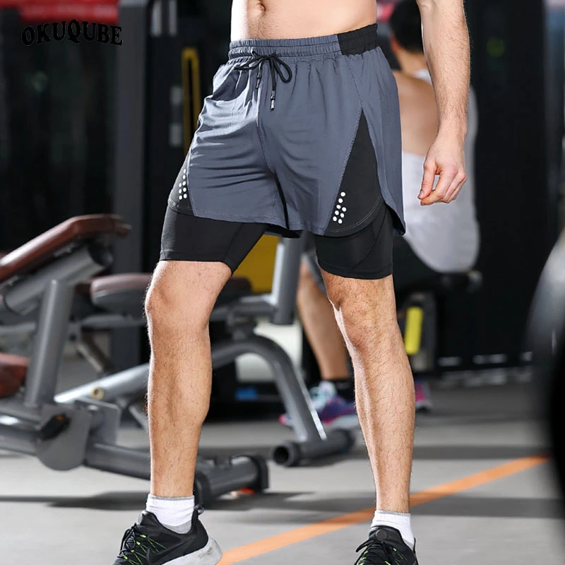 

Men Running Shorts 2 in 1 Double-deck Workout Short Pants Breathable Gray Green Jogging Fitness Training Gym Sports Shorts M-3XL