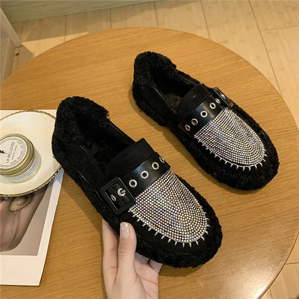 Korean Shoes Women All-Match Casual Female Sneakers Women's Moccasins Round Toe Autumn Loafers Fur Flats Crystal New Fall - Цвет: 1