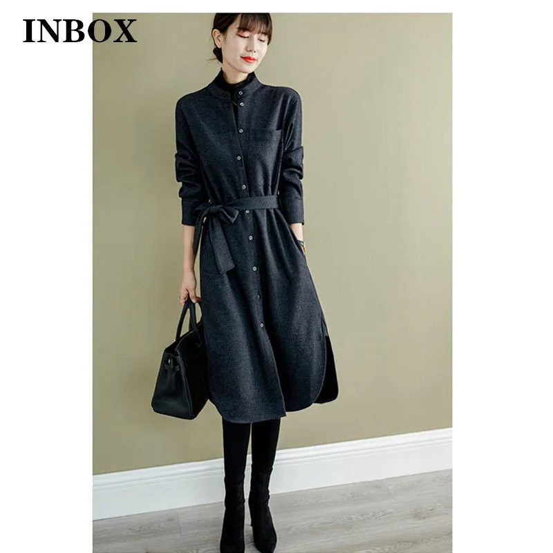 

INBOX 2022 Spring Full Sleeve Shirt Dress Fashion Single Breasted Thick Midi Loose Casual Woolen Cloth Clothes Female