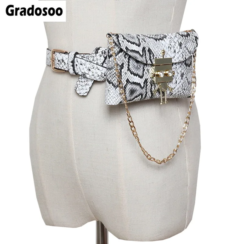 

Gradosoo Robot Design Fanny Pack For Women Serpentine Waist Bag PU Leather Belt Bags 2019 Diamonds Chain Small Women Bags LBF376