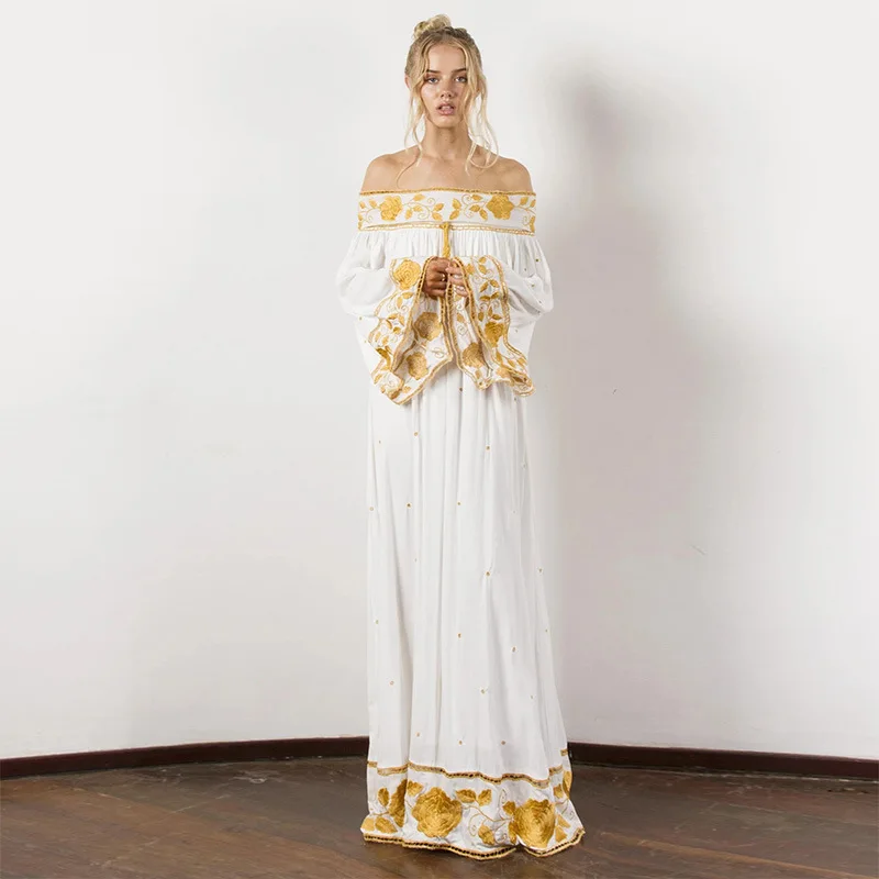 

Women's Clothing Vintage Dress Classic Elegant Long Dress Slash Neck Embroidery Retro Goddess Dress Flare Sleeve Party Vestidos