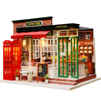 

DIY DollHouse Wooden Doll Houses Toy with Coffee Stor Puzzle Casa Architecture House Mininatures Figure Model For Children Adult