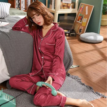 

New Faux Silk Pajamas Nightwear Women Set Soft and Comfortable Stripe Color Leisure Long Sleeve Sleepwear