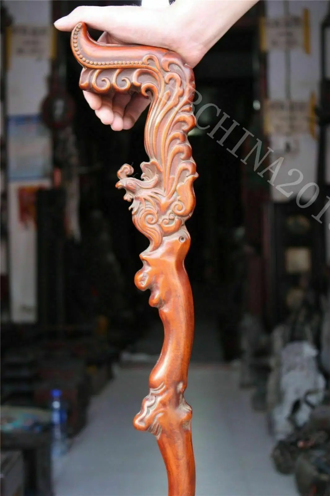 Old China Boxwood wood Hand-Carved Phoenix bird crutch Cane Wand Walking stick 