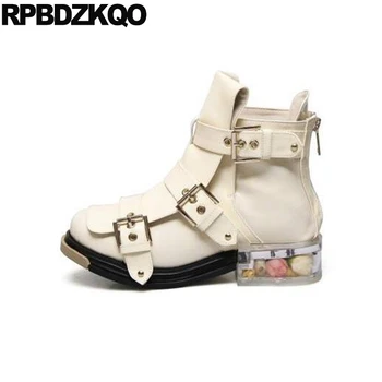 

chunky casual 10 women ankle boots medium heel booties round toe genuine leather big size belts shoes motorcycle biker patent