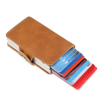 

Men double Aluminum Leather Credit Card Holder RFID Metal Wallet Automatic pop up Anti-theft Purse Business ID Cardholder