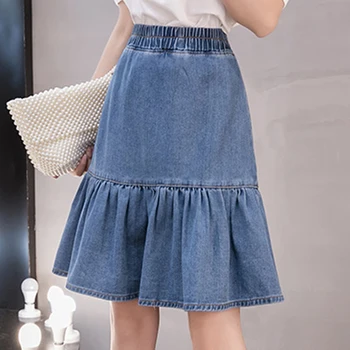 

Female Jeans Skirt Plus Size S-5XL Elastic High Waist Cowboy Fashion Women Vintage Casual Washed Flounced Denim Skirt