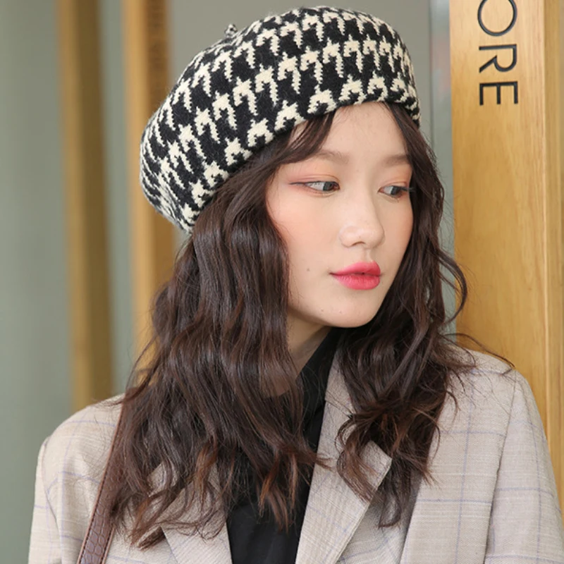 

HT2706 Wool Hats Berets Women Autumn Winter Hat Ladies Thick Warm Women Berets Plaid Artist Painter Hats Female Retro Beret Hats
