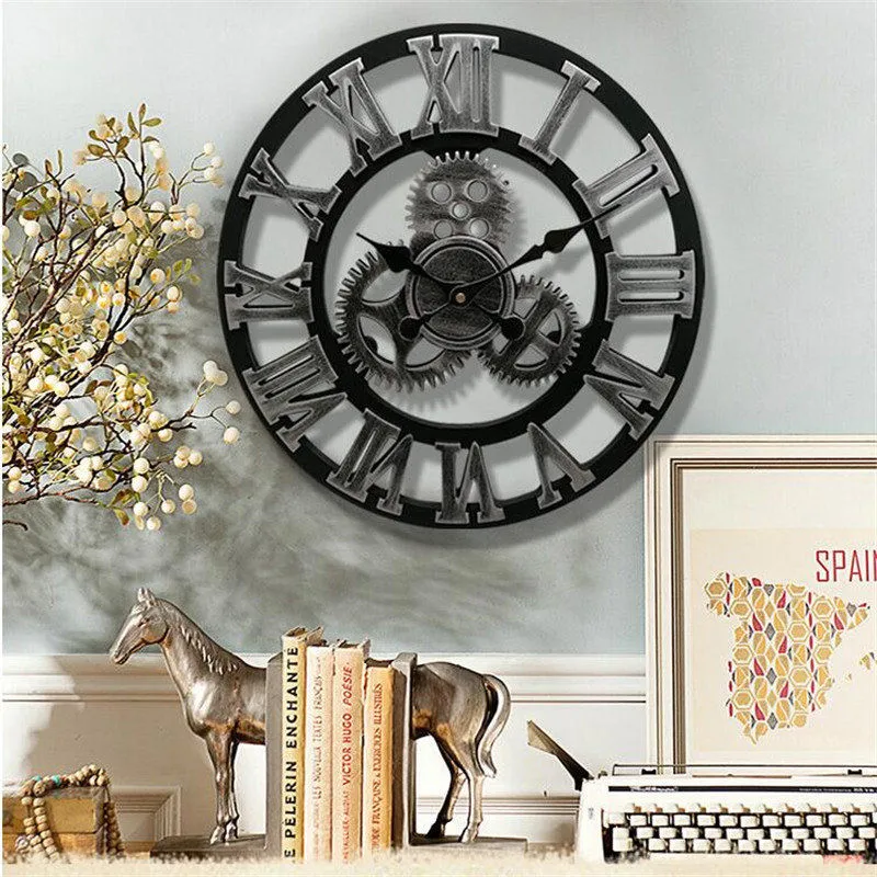 Handmade 3D large vintage quartz wall clock watch decor for living room silent  watch wall clock big gear wooden wanduhr klok (1)