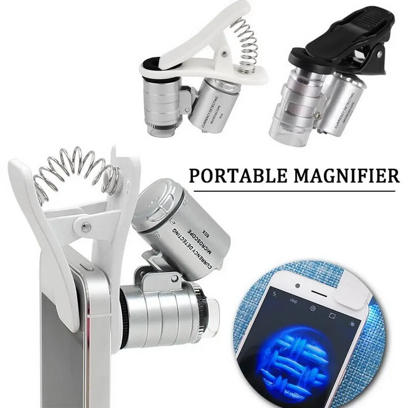 

2020 Mini 60x Zoom Clip-on Phone Magnifier Magnifying Lens With 2 LED Lights And UV Light Can Be Used In Jewelers And More#