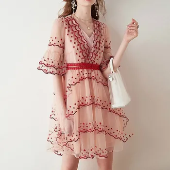

Sweet and Fresh Multi-layer Gauze Summer Dress Floral Embroidered Lace V-neck Party Dress Flared Sleeve Pink Dress