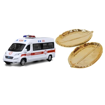 

1pcs Decorative Gold Leaf Ceramic Plate Dish Porcelain &1pcs 1:32 Metal Ambulance Car Model with Four Door Can Opened