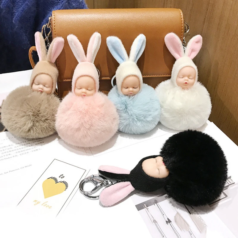 

Rabbit Ear Fur Fluffy Ball Dolls Sleeping Baby Doll Plush Toys Kids Gilr Keychain Key Ring Women Bag Pendant Pom Pom Key Pendant