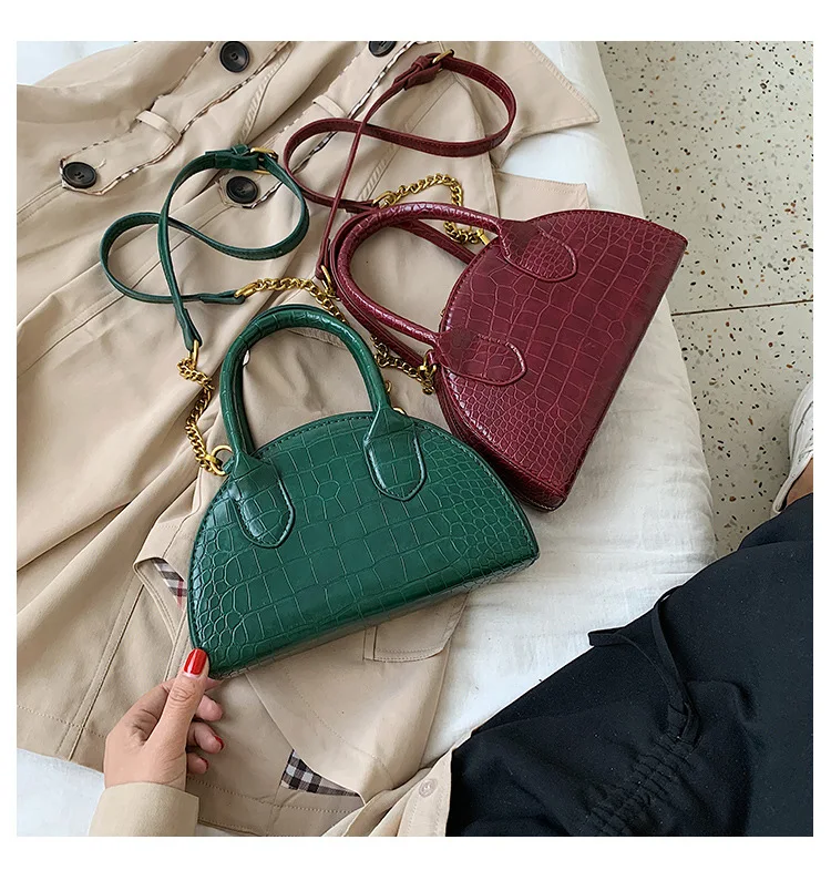 Ladies Mini Half Moon Tote Crocodile Pattern PU Leather Top Handle Bags for Women Brand Designer Crossbody Bag Green Red Handbag (2)