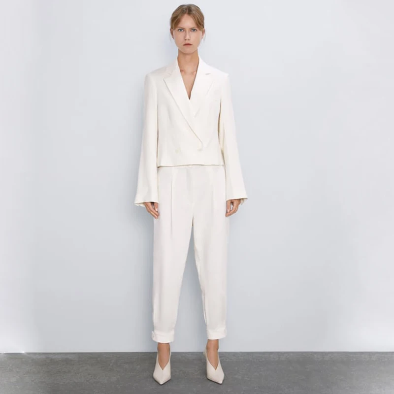 

2019 ZA Women's Suit White Coats Fashion New Autumn Winter Double-breasted Suit Jacket Lapel long-sleeved Cute Suit Jacket Party