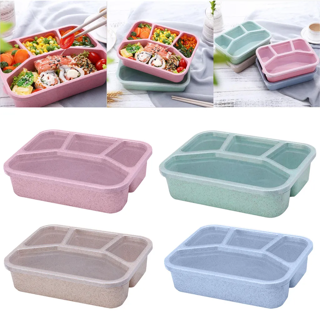 Lunch Box Reusable 4 compartment Plastic Divided Food Storage Container