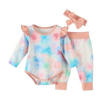 

Baby Girls Tie Dye Print Clothes Newborn Infant Ruffle Long Sleeve Romper Tops + Pants +Headband 3Pcs Toddler Sport Clothing Set
