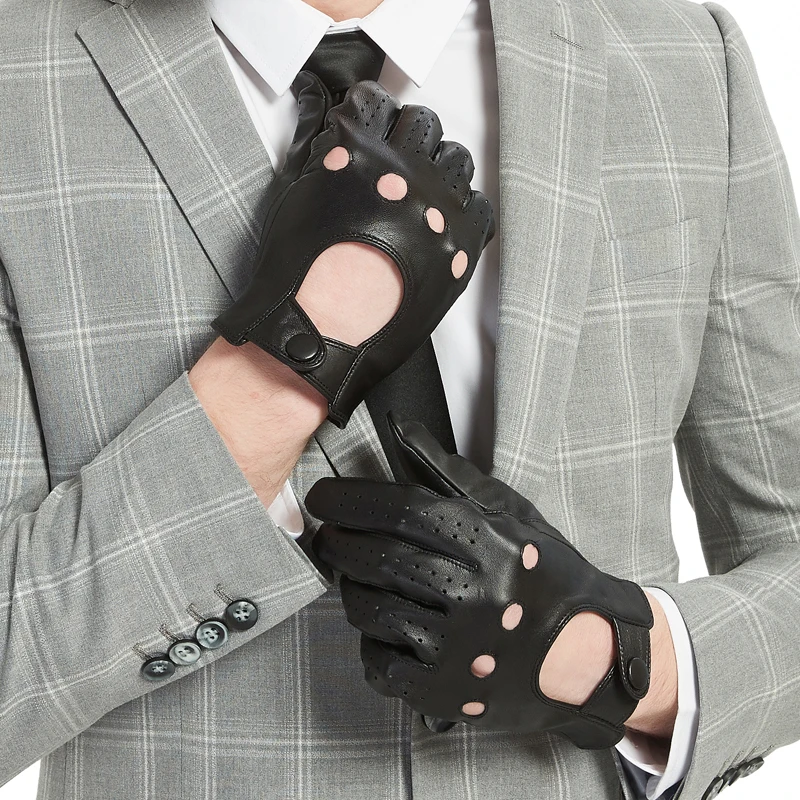 Driving Gloves Half Finger Finger Less Knuckle Holes For Men Genuine Leather