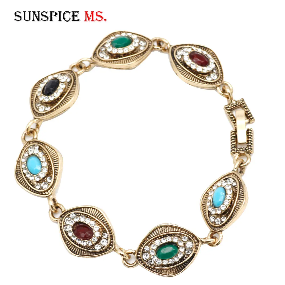 

SUNSPICE MS Antique Gold Color Coin Link Bracelet for Women Turkish Ethnic Rhinestone Wedding Jewelry Morocco Ladies Wrist Chain