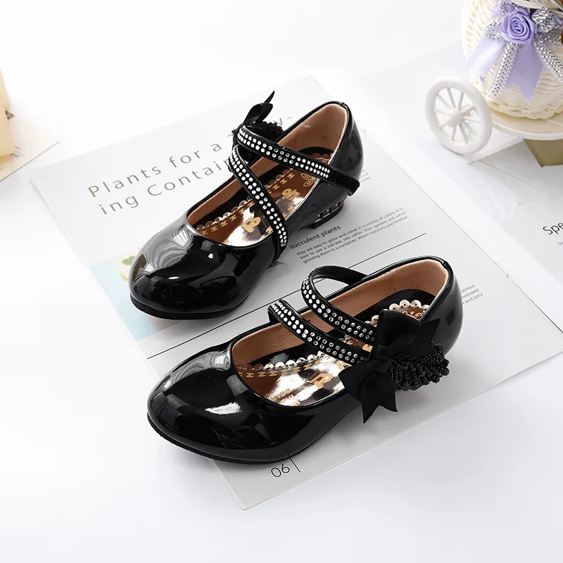 4-16 Years Fashion Rhinestone Flower Little Girls Shoes Party Princess Dress Wedding Shoe Black Big Kids High Heel Leather Shoe