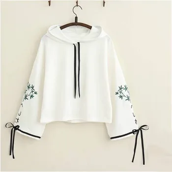 

Japan Sweatshirt Women Elegant Bamboo Embroidery High Quality Kawaii Hoodies Cute White Hoodies Girls Long Sleeve Pullover