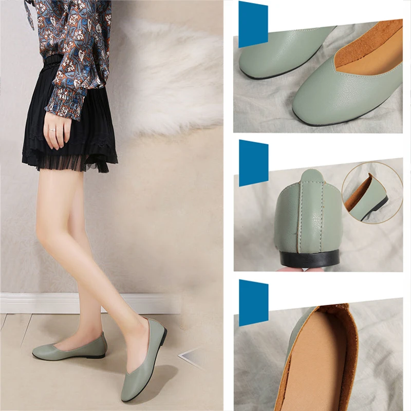 Women's Nursing Shoes - Candy Color Leather Flats, Nude Casual Square Toe Loafers, Retro Slip-On Comfort, Black image 6