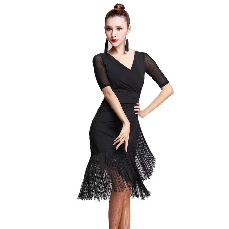 Dance dress Latin dance tassel dress professional training female adult summer ballroom tango salsa rumba sumba stage costume black/red S-4XL