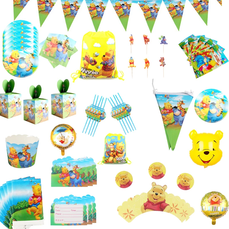 Vajilla desechable Winnie de Disney fiesta de dibujos animados the Pooh, platos, taza, servilleta, sombrero, decoraciones para Baby Shower, suministros de recuerdo para niños