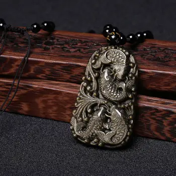 

christmas Chinese Natural Gold Black Obsidian Hand-Carved Four Fish Auspicious Pendant halloween