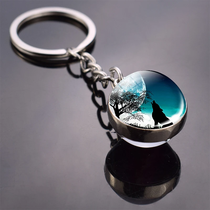 Glow in Dark Jewelry Howling Wolf Keychain Wolf Luminous Glass Cabochon Pendant Keyring Double Side Glass Ball Keychain