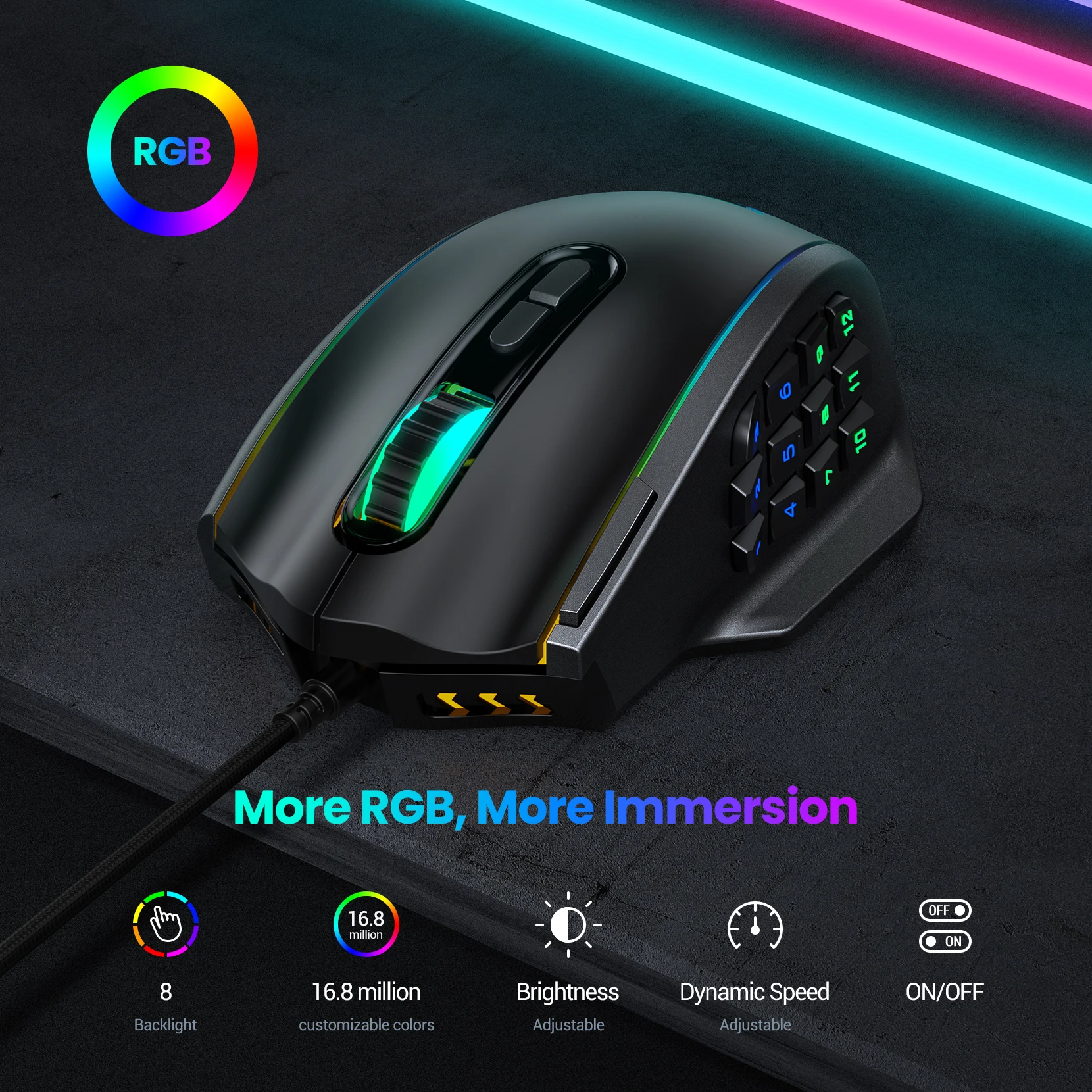 VicTsing High-end Optical Gaming Mouse RGB Backlit 16000 DPI Ergonomic Design 20 Programmable Buttons For FPS LOL Game Player bluetooth computer mouse