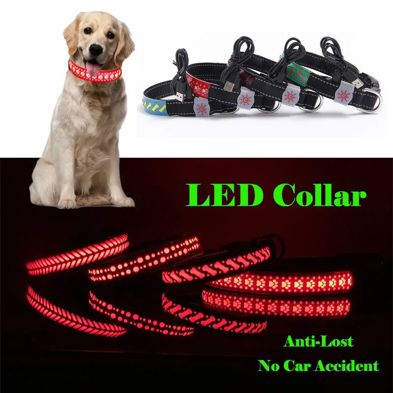

USB Charging Led Dog Collar Anti-Lost/Avoid Car Accident Collar Dog Collars Bone pattern Leads Outdoor Walking Night safety
