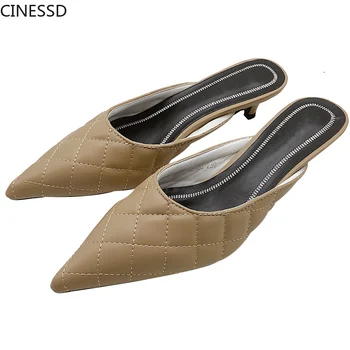 

Women Luxury Linger Slippers Elegant Pointed Toe Slip On Sandal Low Thin Heel Mules Outside Ladies Party Slides