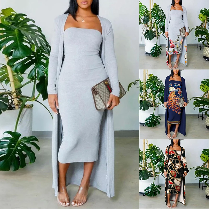 Zoctuo 2021 Autumn Dress With Cloak Trench Floral Printing Two 2 Piece Sets Sexy Bodycon Maxi Dresses Strapless Casual Vestidos | Женская